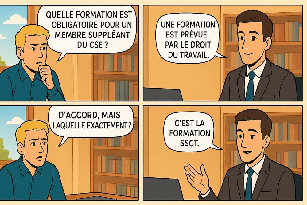 Extrait d'une bande dessinée CSE avec deux personnages qui dialoguent sur la formation suppléant CSE