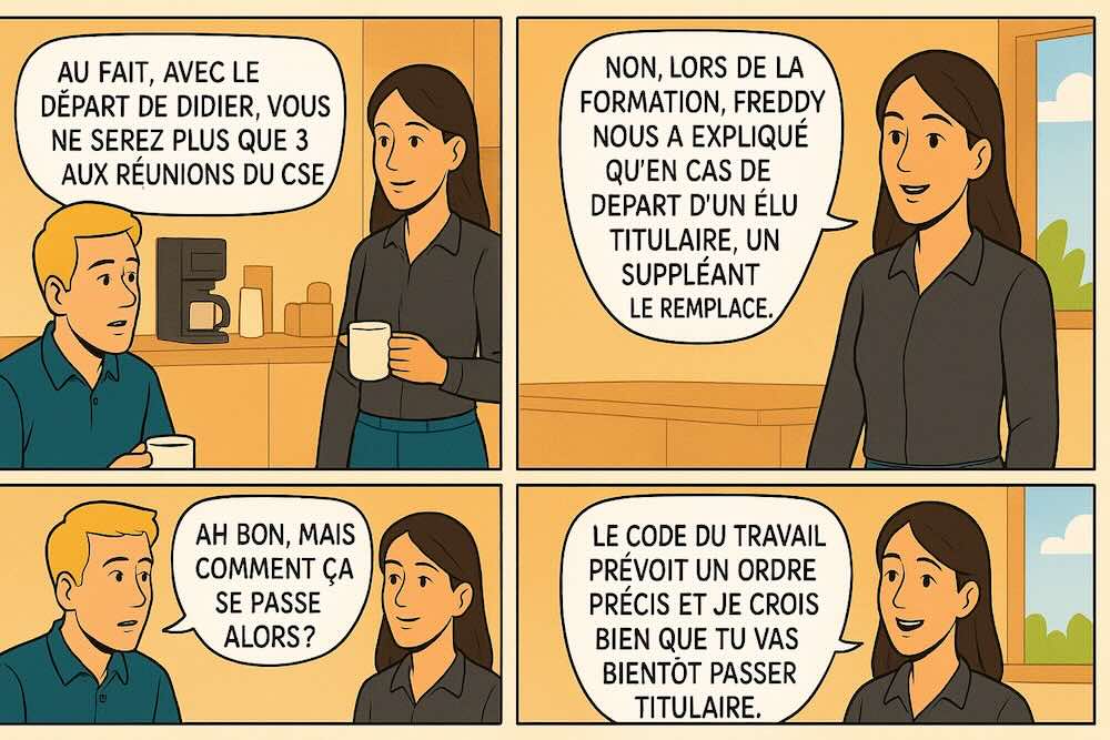 Bande dessiné représentant deux élus CSE, l'un demandant à l'autre : un suppléant peut-il devenir titulaire CSE ?